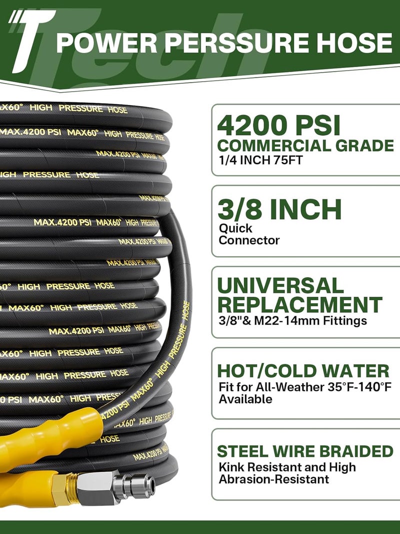 TechSweepPro 4200PSI Pressure Washer Hose 75FT with 3/8" Swivel Quick Connect for Cold/Hot Water, Kink Resistant Steel Wire Braided,1/4" Wear Resistant Power Washer Hose with 2 M22 14mm Adapter Set - Image 2